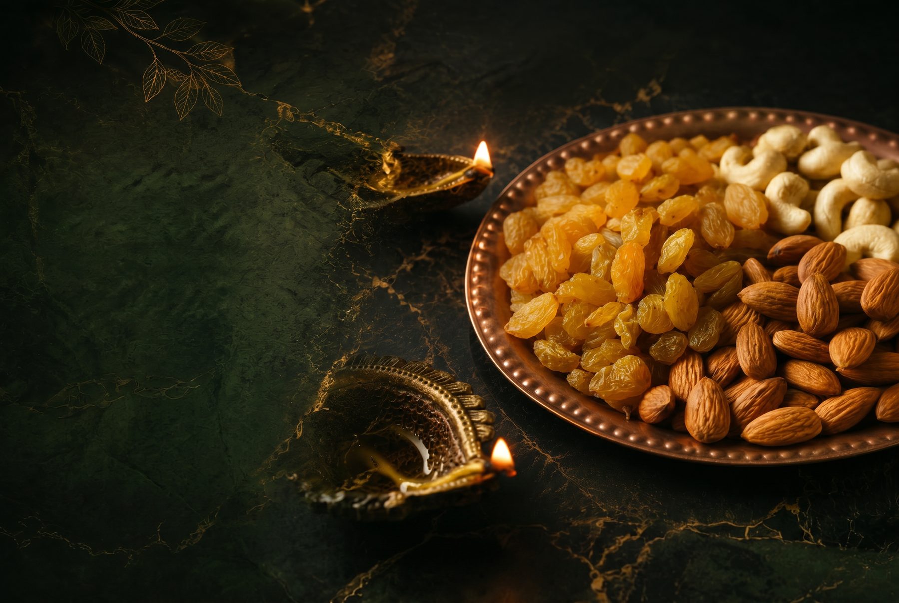 Shivanti Dry Fruits — premium golden raisins, cashews and almonds on a copper plate with brass diyas